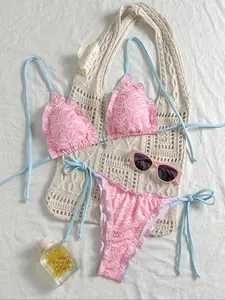 Women's Floral Print Bikini Set, Fashion Chic Crotchless Triangle Swim Bra & High Cut Swim Panty, Ladies Swimsuit for Beach Holiday Vacation