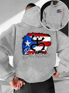 Men's Fall Winter Trendy Hoodie, Puerto Rico Taíno Flag Print, Casual Fitted Pullover, Drawstring Pocket Design, Geometric Pattern, Graphic Print Hoodie