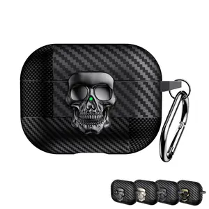 3D Skull Carbon Fiber Texture Case for AirPods 4 3 2 1 Pro 3rd/2nd/1st Gen, Cool 3D Skullface Gothic Style Case with Carabiner Keychain for Men Boys