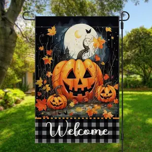 1PC Welcome Halloween Garden Flag With Spooky Jack-O-Lanterns And Full Moon Perfect Outdoor Decoration For Autumn Fall And Seasonal Festivities