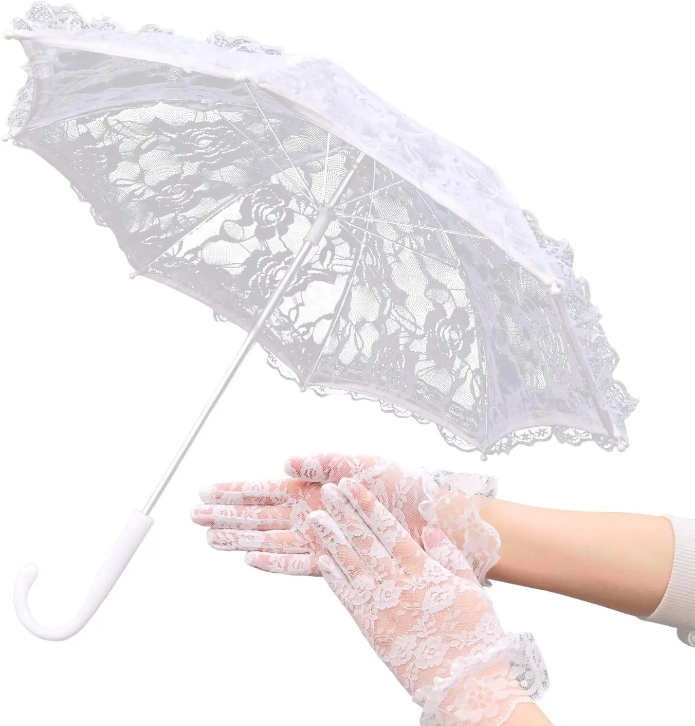 Mini White/Pink Lace Parasol with Floral Gloves, Vintage Lace Umbrella for Wedding Decor, Tea Party & Photography Props