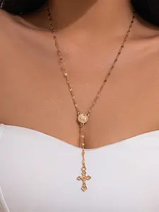Unique Fashion Cross Pendant Necklace for Women Simple Crystal Necklace Sweater Chain Long Y-shaped Necklace Y2K Party Jewelry