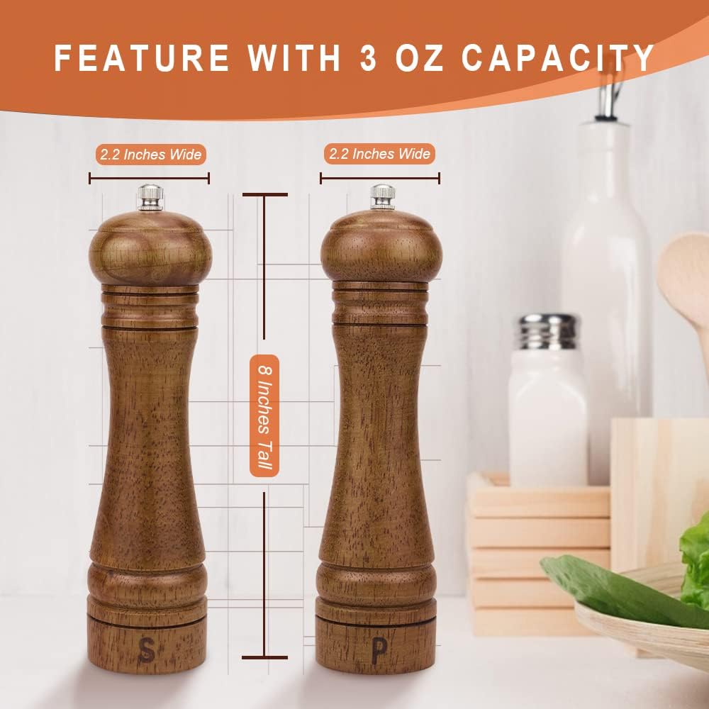 2-Piece 8-Inch Oak Wood Rustic Kitchen Salt and Pepper Grinder Set - Adjustable Ceramic Rotor Mill, Coarse-to-Fine Settings, Cover-Included for BBQ Use 2-Piece 8-Inch Oak Wood Rustic Kitchen Salt and Pepper Grinder Set - Adjustable Ceramic Rotor Mill, Coarse-to-Fine Settings, Cover-Included for BBQ Use