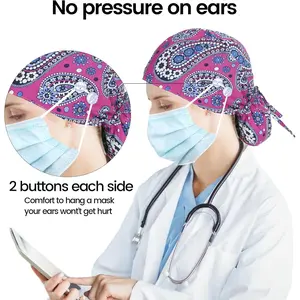 4 Pcs Scrub Caps for Women,Nurse Satin Surgical Hat Adjustable Working Cap Ponytail Holder with Buttons and Sweatband