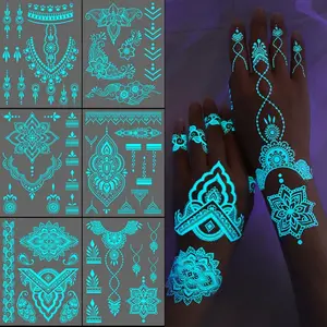 Set of 6 Blue Glowing Tattoo Stickers, Mandala Design, Temporary Tattoos Glow in Dark, Cute Abstract Floral Lace Patterns, Temporary Fake Tattoo
