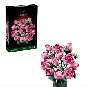 Pink Roses Artificial Flower Building Set for Adults 789 Pieces Bouquet Decor DIY Gift for Home Office Bedroom Ages 18+