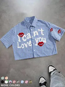 Unisex casual streetwear style "I can't Love you" red lip print plaid shirt, Y2K streetwear cropped top, suitable for streetwear, Y2K outfits, men's gifts, couple outfits, high street culture.