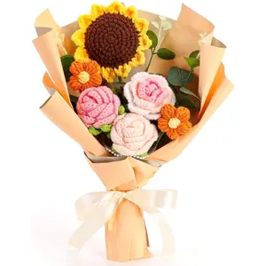 Completed Crochet Flower Bouquet, Orange Handmade Knitted Bouquet, Crochet Bouquet Kit Knitted  Sunflower Rose Daisy for Valentines Day Mother's Day Birthday Wedding Decor Mom