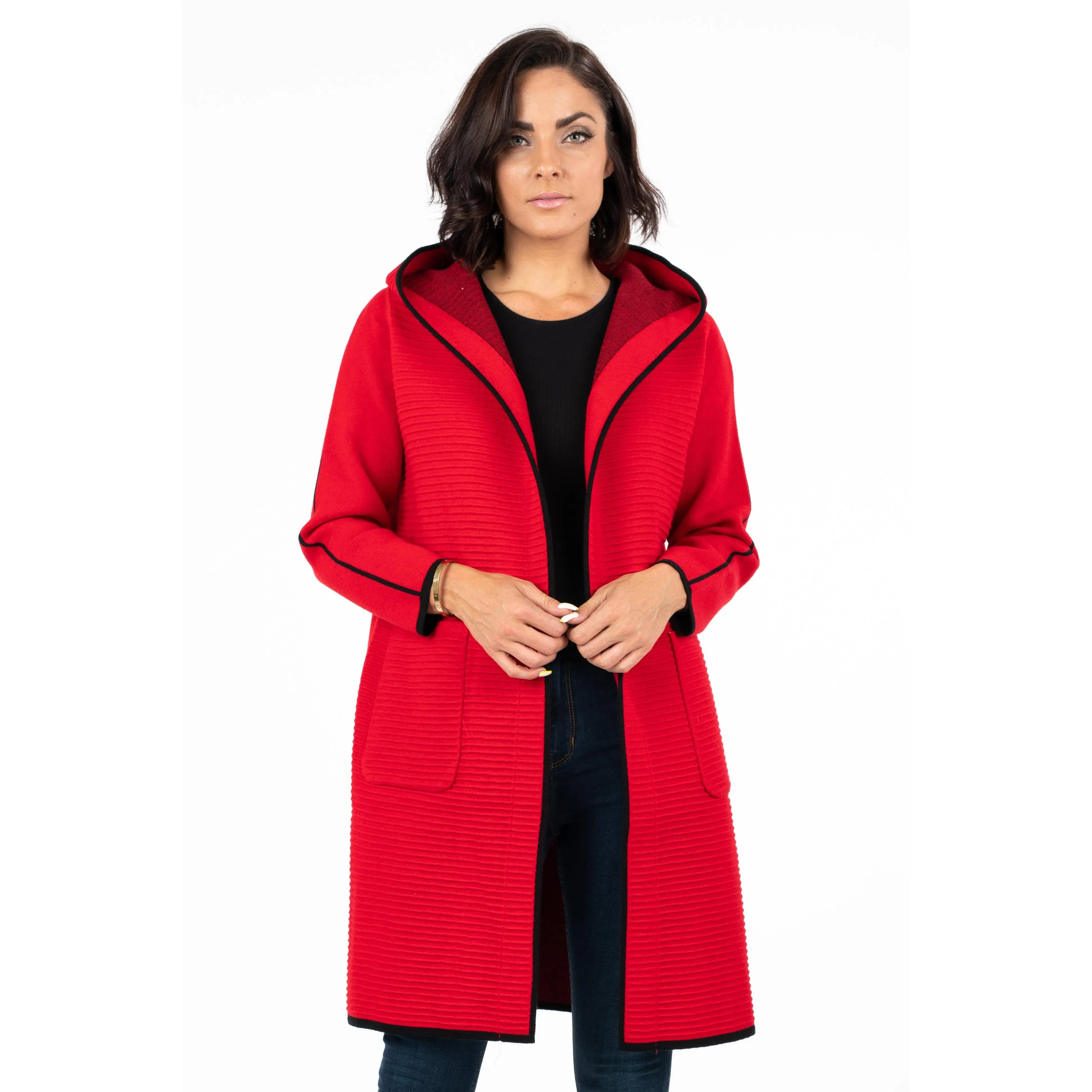 Women's Red Heavy Knit Hooded Cardigan with Pockets (One Size)