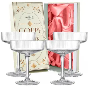Vintage Art Deco Coupe Glasses, Martini, Champagne & Cocktail Ribbed Glass 7 oz | Set of 4 | Crystal, Manhattan, Cosmopolitan, Sidecar Cocktail Glassware for Champagne , Ripple Glassware - Gift Box