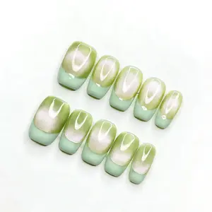 Hailey's square grape green cateye flash french tips luxury acrylic handmade press on nails A22
