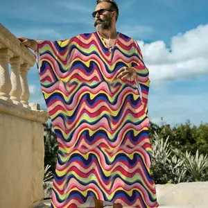 Rainbow Geometric Print Viscose Men's V-Neck Pullover Flowy Summer Caftan, Boho Wedding Beach Cover Up, Lightweight Breathable Short Sleeve Resort Lounge Sleep Shirt for Men