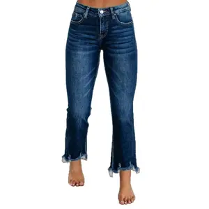 Women's High Waist Flare Cropped Jeans - Dark Wash, Butt Lifting, Frayed Hem, Stretchy Denim, Slimming, Basic Everyday Streetwear, Viral New Arrival Casual Bottoms outdoorfun