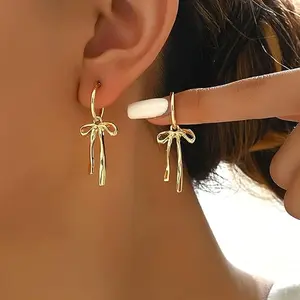 Dainty Gold Bow Hoop Earrings for Women, 14K Gold Plated Cute Bow Drop Earrings, Minimalist Trendy Jewelry Gift for Her