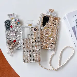 Crossbody Rhinestone Perfume Bottle Shape Phone Case For Samsung S25 S24 S23 S22 S21 S20 Ultra S10 S20 Crystal Flowers Cover
