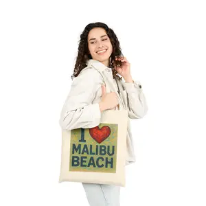Cotton Tote Bag, I Love Malibu Beach Tote Bag, Shopping Bag, Reusable Grocery Bag, Eco-Friendly Tote, Beach Tote