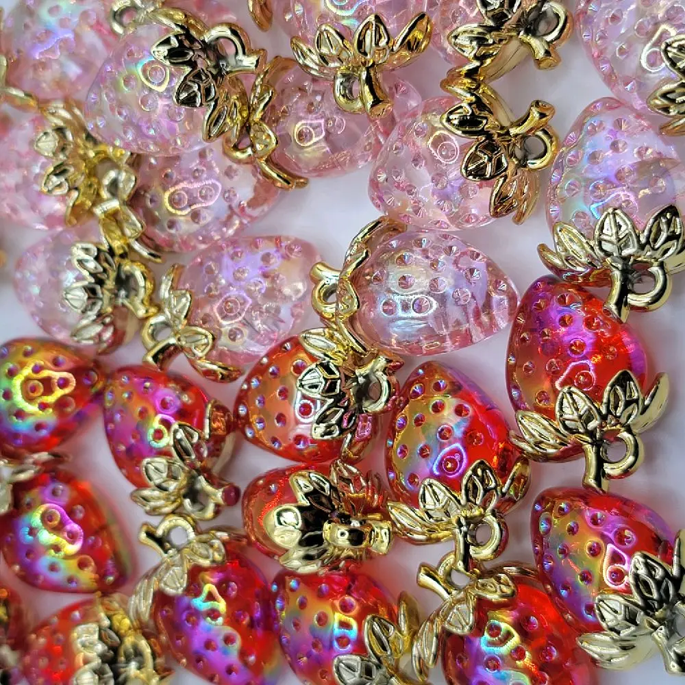 DIY Jewelry Making Acrylic Beads - 5 Iridescent Coating Red/Pink Strawberry Acrylic Fruit Pendants, Luxurious Good Quality Glossy Charms for Earrings, Keychains, Scrapbooking Supplies