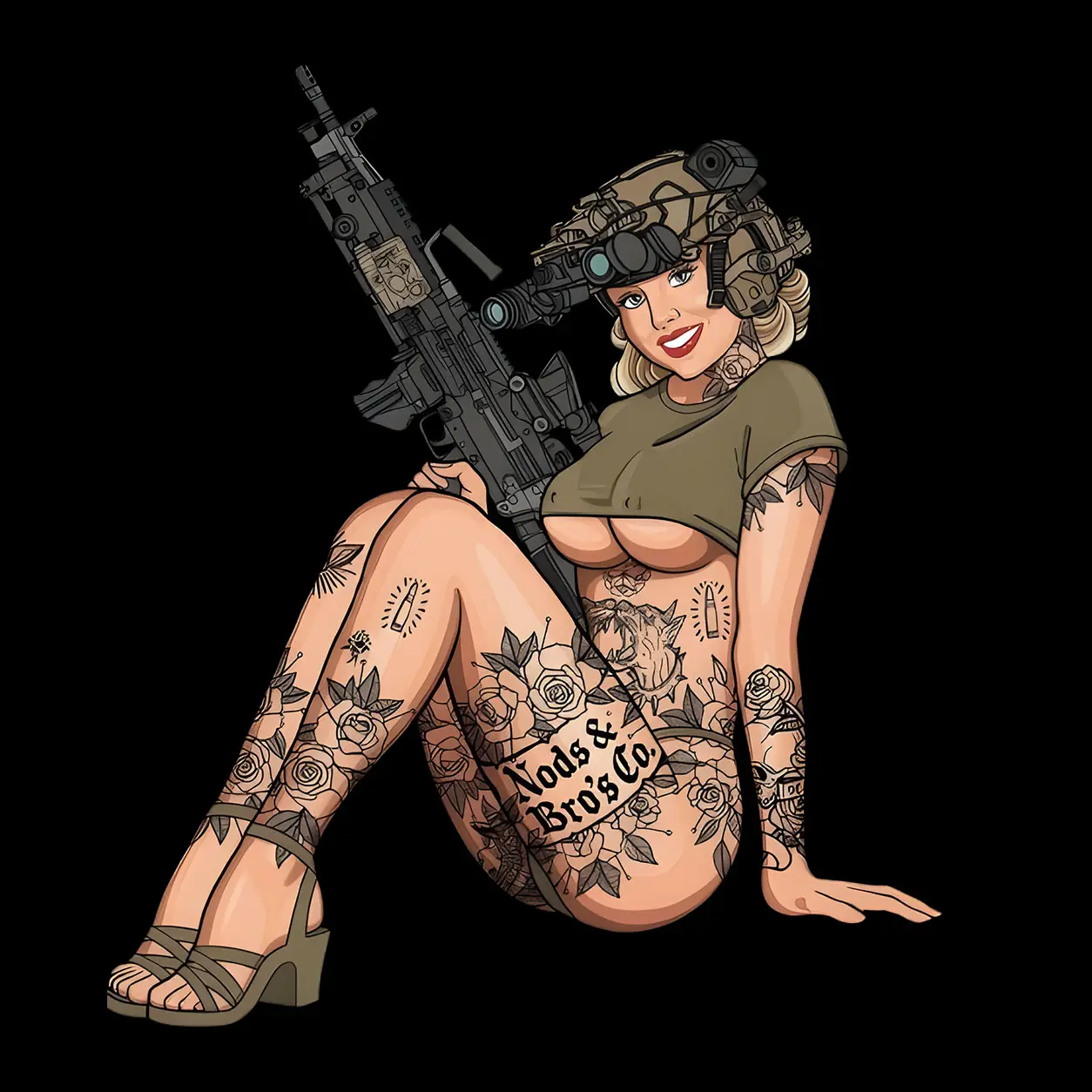 Tattooed Pin Up Gun Girl Tactical Sticker - Blonde Operator with NVG & Heavy Rifle - Waterproof Decal for Gun Safes