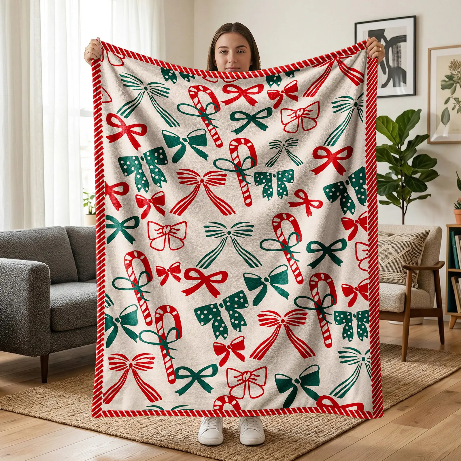 1pc Christmas Candy Cane Bow Fleece Blanket, Vintage Red Green Palette, Candy Cane & Bow Pattern, Festive Border Print. Soft Warm Multi-use Throw for Sofa, Bed, Office, Camping, Ideal Christmas Gift.