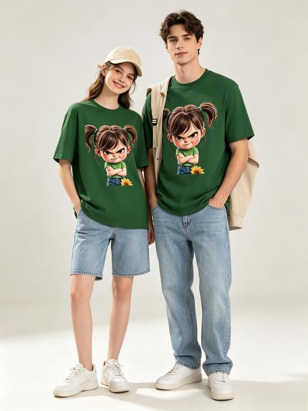 Women's Fitted Pure Cotton Crew Neck Short-Sleeve Graphic T-Shirt - Grumpy Girl Pigtails Sunflower Funny Cartoon Print, Lightweight Boho Aesthetic Summer Beach Top