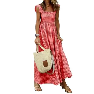 Womens Gingham Maxi Dress Ruffled Square Neck Smocked Bodice Flowy Tiered Skirt Summer Beach Casual Outings Trending Plaid Pattern Comfortable Fit Vacation Outfit Daily Wear Wardrobe Staple Easy Styling