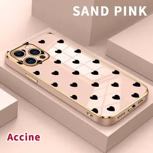 Phone Case for iPhone 15 Pro Max 16 14 Plus 13 12 11 Popular Love Heart Pattern Luxury Golden Electroplated Soft TPU Rugged Durable Cell Phone Cover