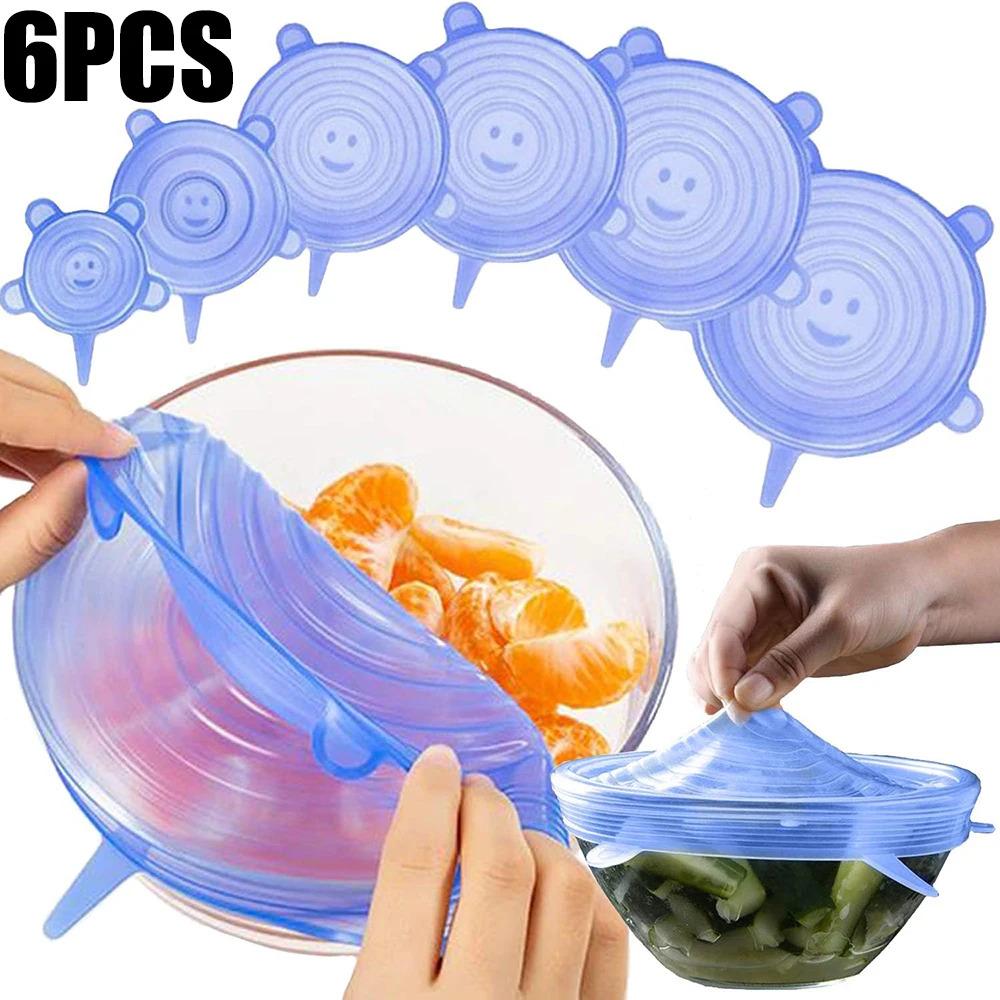 6-piece set of food-grade silicone preservation lids, reusable, universal sealing round lids for food, kitchen accessories