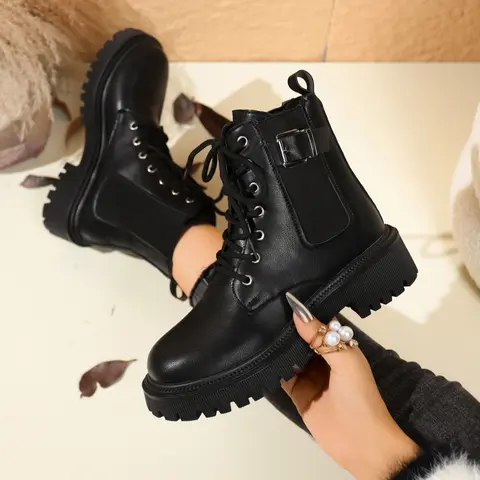 Durable platform for daily wear, perfect for casual outfits, featuring laces, metal buckles, Rubber, breathable uppers suitable for street style and everyday commuting, anti-slip and wear-resistant properties Footwear PU Leather Boots