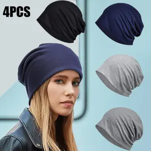 4 Pack Oversize Thin Cotton Skull Cap Curled Edge Solid Color Slouchy Beanie Lightweight Chemo Cap Fashion Accessories
