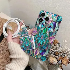 5-Piece iPhone Phone Case Set with Beautiful Clear Painted Case, Charger Protector Case, Data Cable Protectors, Silicone Ties for iPhone 11 to 15 Series