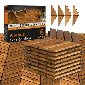 Interlocking Deck Tiles 12"x8" Herringbone 6 Sq Ft - Acacia  Patio Tiles for Outdoor Flooring, Porch & Balcony - Non-Slip Wooden Tile Pavers - Easy to Install, 8 Tiles, 2 Edges