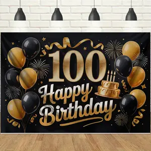 1pc 2D Black Gold Luxury 100th Happy Birthday Backdrop Banner, Gilded Number with Balloons & Cake Elements, Dignified & Luxurious Style, Perfect for 100th Birthday Banquet, Elderly Birthday Celebration, Anniversary Decor, Photo Booth Prop