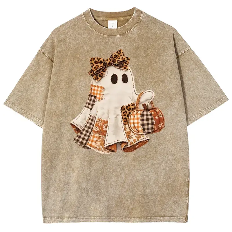 Faux Patchwork Ghost Shirt, Coquette Halloween Ghost Tee, Cute Fall Pumpkin Ghost Washed T-shirt, Spooky Season Shirt