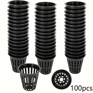 A set of 100 durable 2-inch mesh pots designed for hydroponics in a reusable, UV-resistant mesh cup with a trough design suitable for tower gardens, cloners, and air-spray cultivation systems