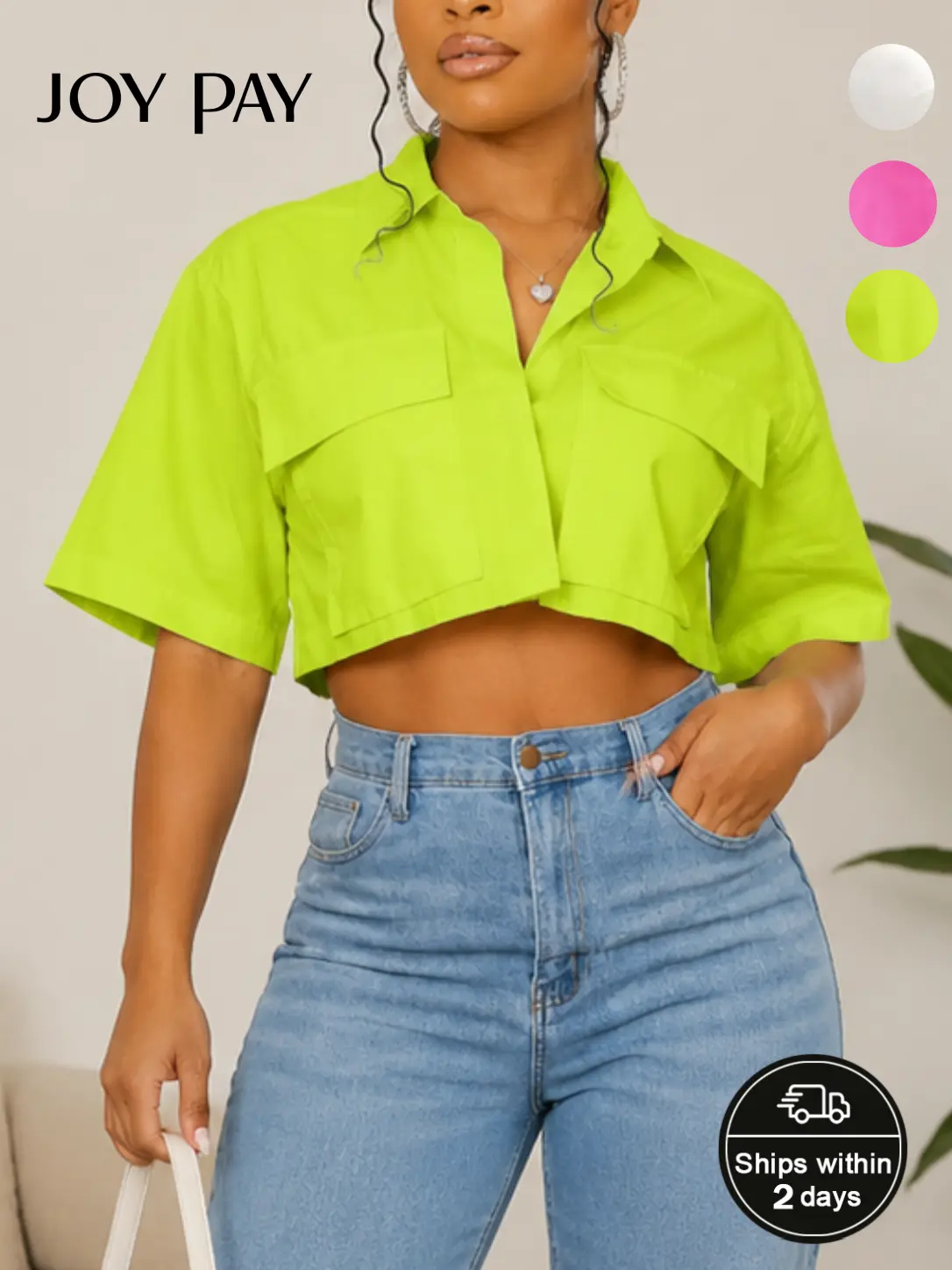 Women's Short Sleeve Crop Top, Chic Collared Button-Front Blouse with a Flap Pocket, Lightweight Polyester Fabric for Spring, Breathable, Casual, Collared Neck, Fashion, Patch Pocket, Buttoned