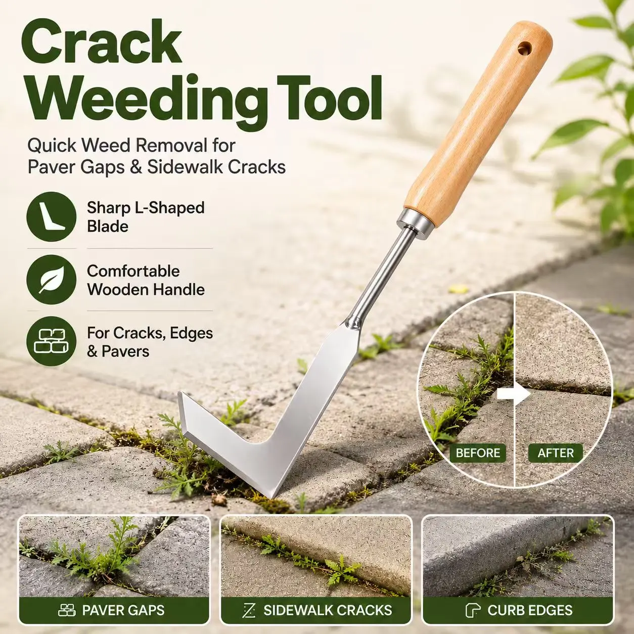 Crack Weeding Tool with Wooden Handle, Manual Paver Gap Weeder for Sidewalk Cracks, Patio Joints, Driveway Edges and Garden Weed Removal