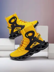 High-Top Men's Sporty Color Block Sneakers, Breathable Mesh, Thick Sole Shock Absorption, Trendy Dad Shoes, Outdoor Fashion Athletic Running Shoes, Color Blocked Shoes