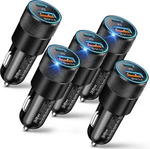 USB C Car Charger, 5 Pack 38W Dual Ports USB-C & USB-A Cigarette Lighter Adapter Fast Charging Car Phone Charger for iPhone 17 Pro Max 16 16e 15 14, Samsung S24, Pixel Cargador para Carro Phone Plug