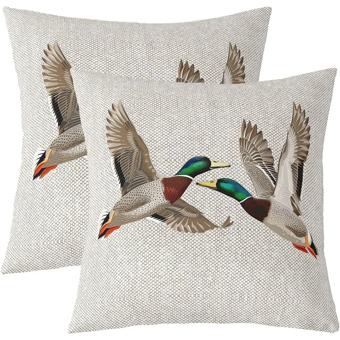 Mallard Duck Throw Pillow Covers Pack of 2,Lake Wild Animal Pillow Covers,Grey Honeycomb Cushion Covers,Modern Geometric on Decorative Accen