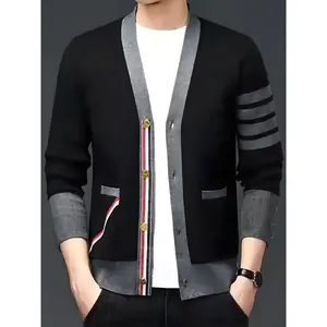 Autumn Patchwork Color Loose Fit Men's Cardigan Sweater, With A Sense Of High Class And Trendy