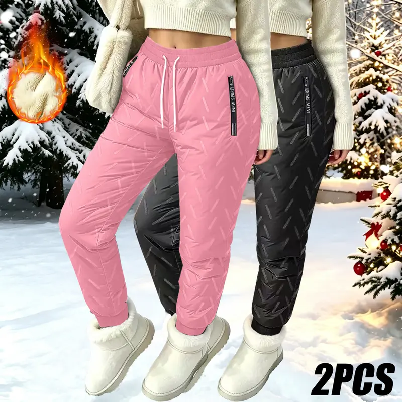 Women’s 2-piece set fleece-lined spliced winter joggers with thick sherpa lining, high-stretch waistband, zippered pockets, slash-resistant design, windproof fabric, and cuffs that tighten at the ends. Suitable for outdoor snowy activities, winter picnics