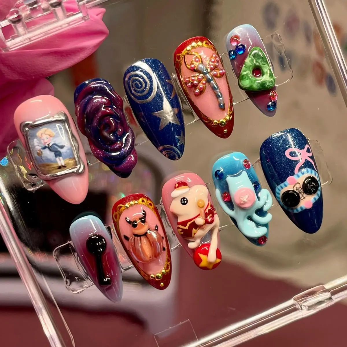 OCoralineer Press On Nails, 3D Gothic Horror Handmade False Nails, Button Doll Black Key Fantasy Nail Art Set | Free Adhesive Tabs Nail File & Cuticle Stick