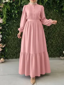 Women's Casual Solid Color Tunic Dress, Round Neck Long Sleeve Half Button Lace-Up Waist Design, Perfect for Daily, Travel, Commuting