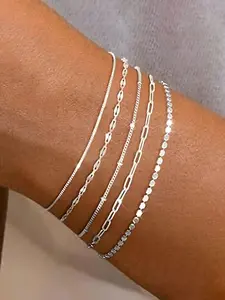 Elegant Stackable Silver Color Bracelets Set for Women, Minimalist Jewelry, Random Bead Count, Fixed Length, 5 Pieces, Minimalist Chain Bangles