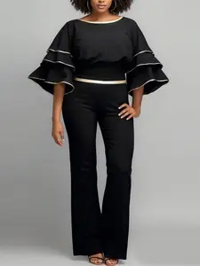 Women's Plus Size Striped Long Sleeve Round Neck Bell Bottoms Two-Piece Set, Fashion Casual, Comfortable and Stylish