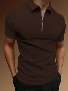 Men's solid color zipper polo with collar, light luxury business casual short-sleeved polo shirt, regular version, comfortable Breathable fabric, essential for men's travel and business, men's clothing, Menswear