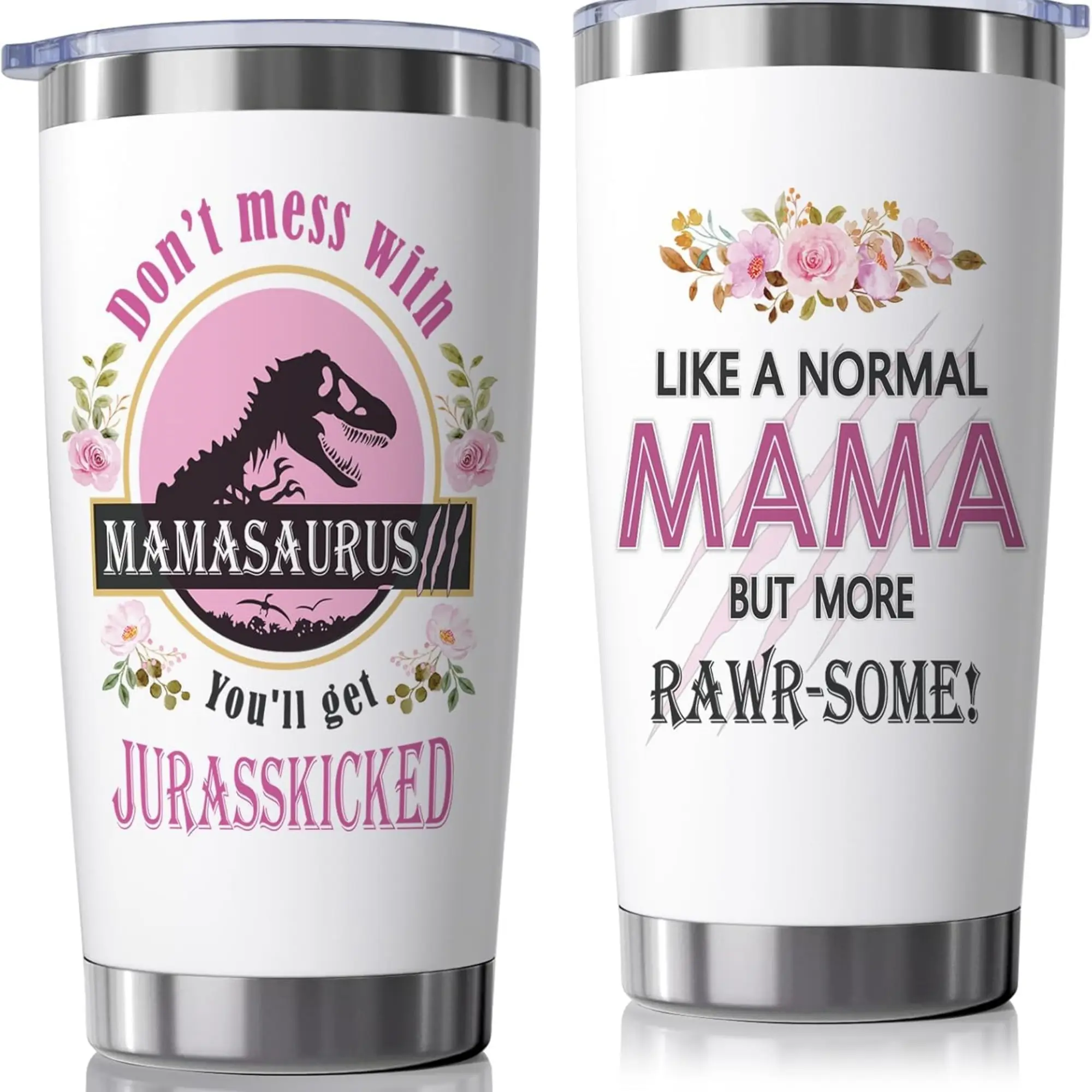 Mamasaurus Funny Mom Tumbler 20oz, Cute Trendy Stainless Steel Insulated Cup, Gifts For Mom Wife New Mom Bonus Mom Mother In Law