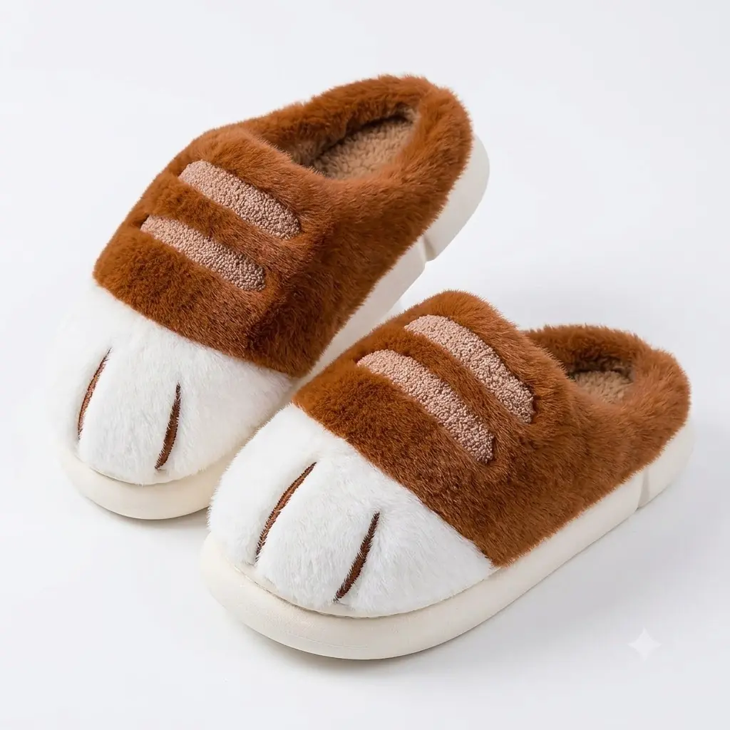 Cute Cat Paw Slippers for Women Fuzzy Animal House Shoes Cozy Plush Indoor Slippers Kawaii Winter