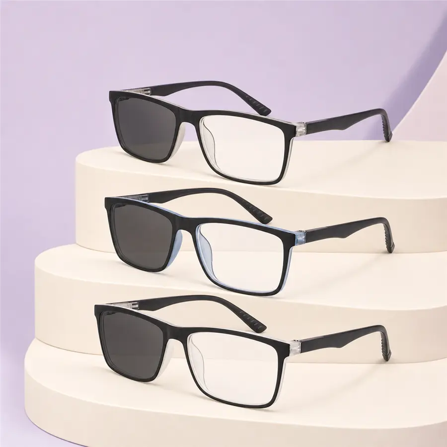 2-in-1 Photochromic Readers & Sunglasses, Clear Indoors and Darker in Sunlight, Lightweight Square Reading Glasses for Books, Phones and Outdoor Use