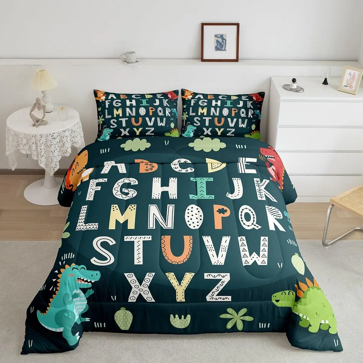 Feelyou Multi-Size Alphabet ABC Learning Jungle Duvet Set - Twin/Full Cartoon-Printed Kids Bedding, Educational Nursery Cover, Dinosaur-Accent Birthday Gift